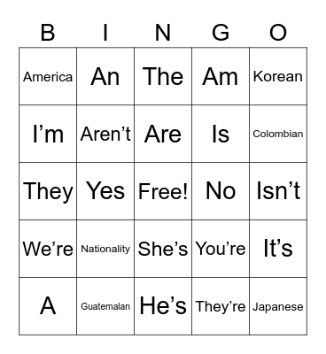 Chapter 1 - People & To Be Verbs Bingo Card