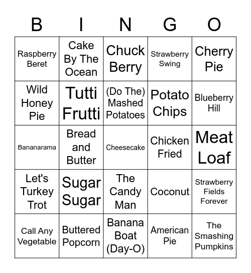 "Food" Songs With A Twist Bingo Card