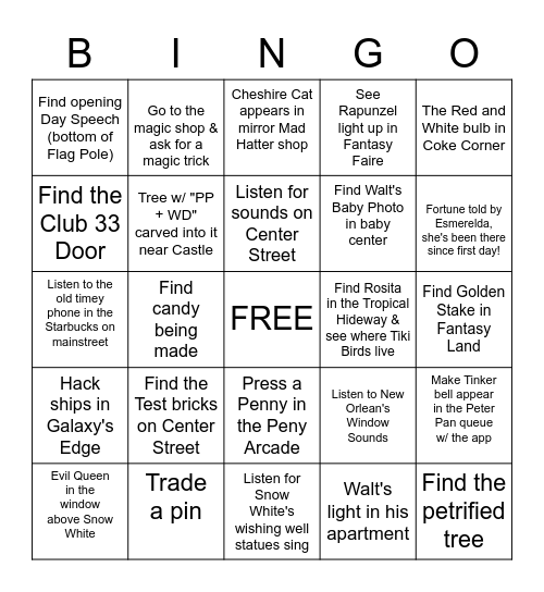 Disney Land BINGO Card