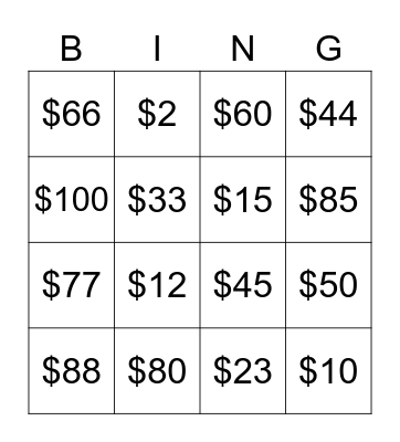 Money Bingo Card