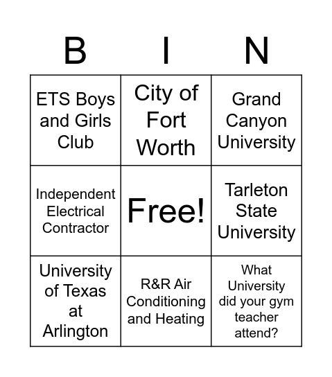 College and Career Fair Bingo Card