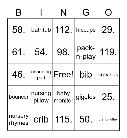Jignasa's Baby Shower Bingo Card