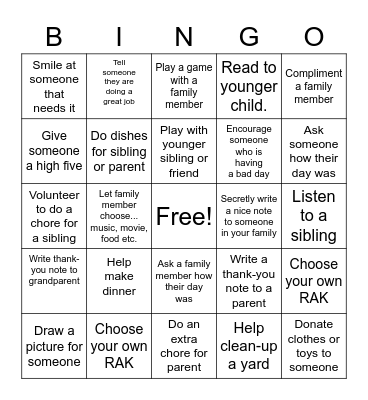 Kindness to Family BINGO Card