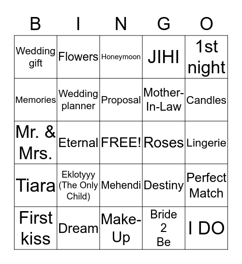 Bridal Bingo Card