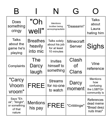 Darcy Bingo Card