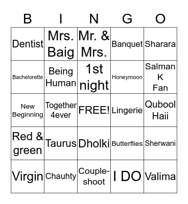 Bridal Bingo Card