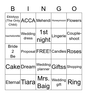 Bridal Bingo Card