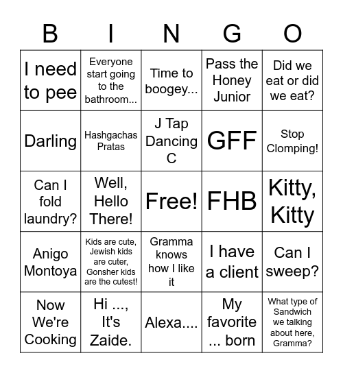 Gramma and Zadie Phrases Bingo Card