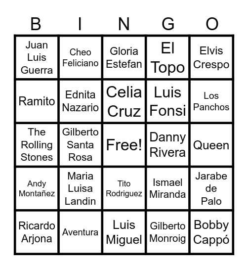 Latin Artist Bingo Card