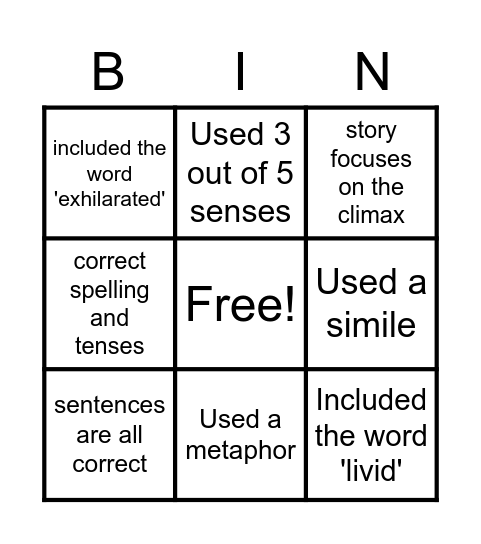 Bingo for NARRATIVE WRITING Bingo Card