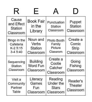 Family Literacy Night Bingo Card