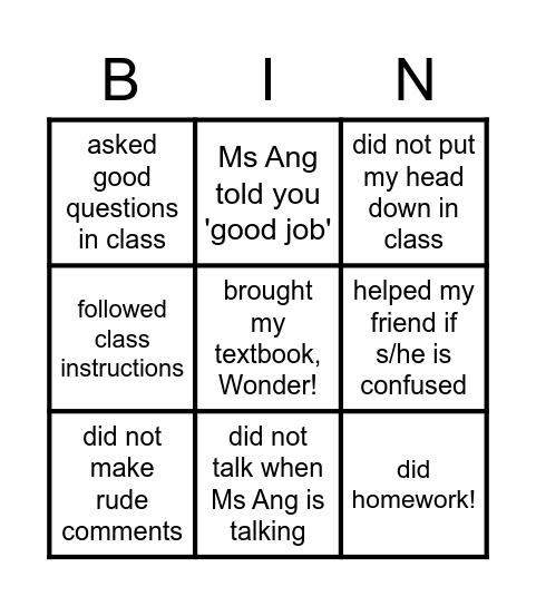 1 hope good behaviour Bingo Card