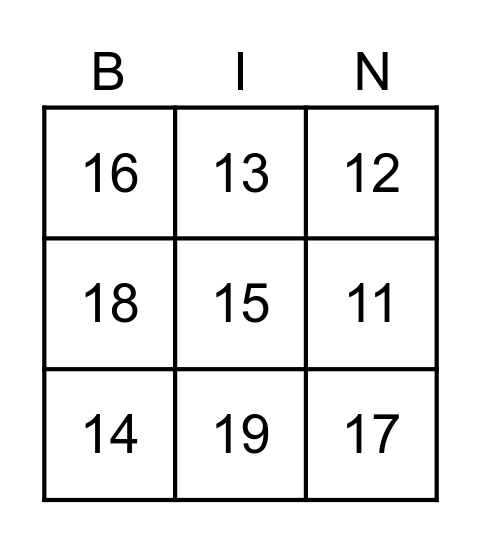 Teen Number Bingo Card