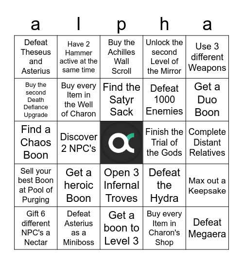 alpha Hades Speedrun Bingo - English Bingo Card