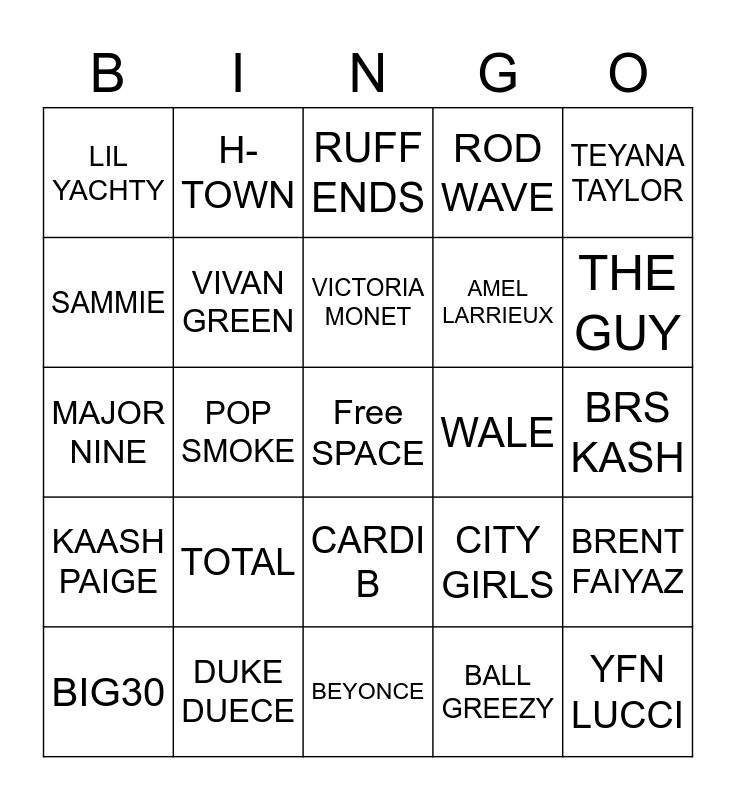 HIP - HOP & RNB Bingo Card