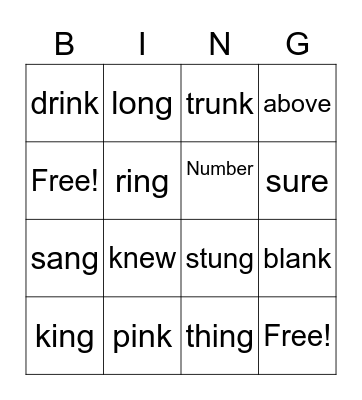 Spelling Words. (ng, nk, ing) Bingo Card