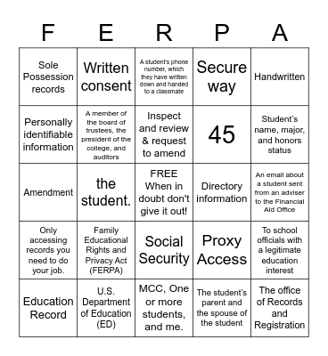 FERPA 101 Bingo Card
