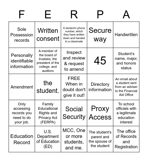 FERPA 101 Bingo Card