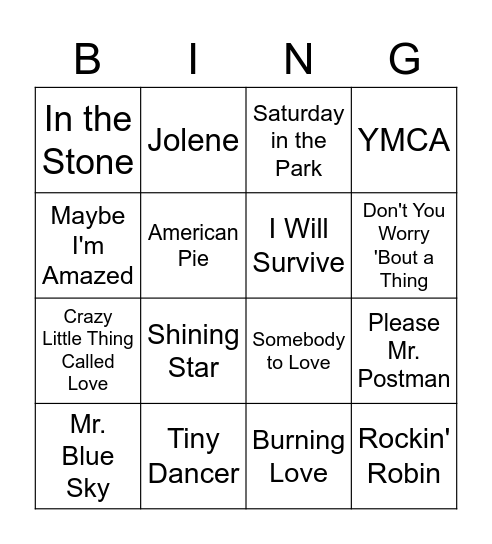 70's Hit Songs Bingo Card