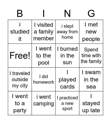 What have you done this summer? Bingo Card