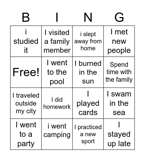 What have you done this summer? Bingo Card