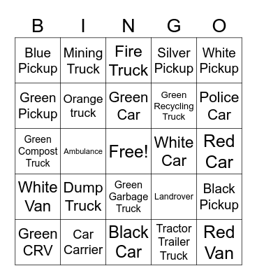 Vehicle Bingo Card