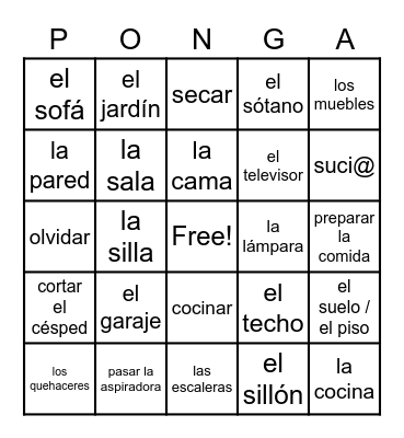 PONGA: la casa y los quehaceres Bingo Card