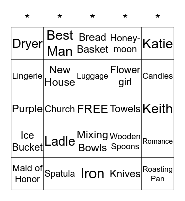 Katie's Bridal Shower September 12, 2015 Bingo Card