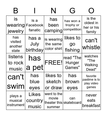 Getting to know you Bingo Card