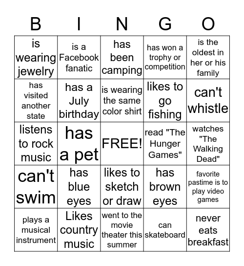 Getting to know you Bingo Card