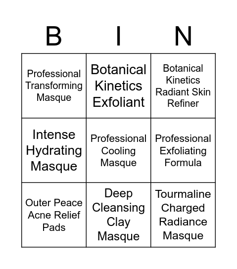 Exfoliants and Masques Bingo Card