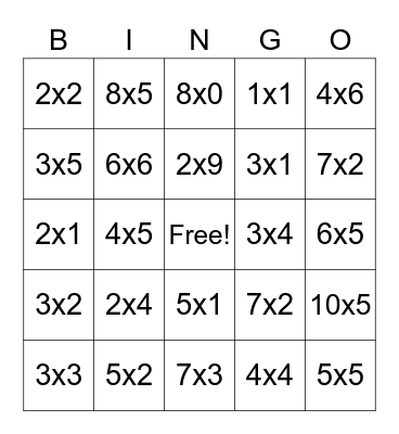 Multiplication Bingo Card