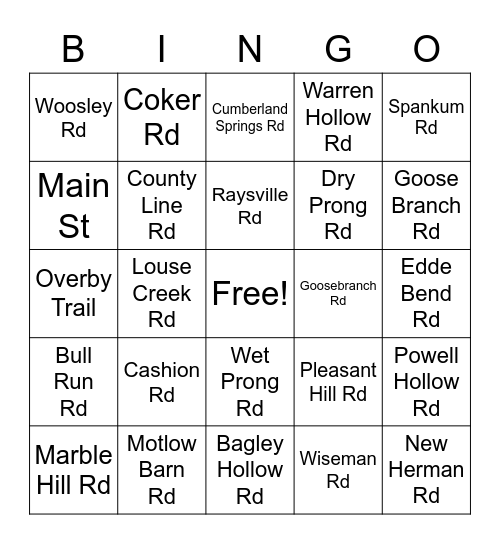 Common Locations for Trees Down / Flooding Bingo Card