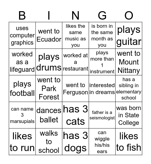 getting to know each other - 8th period Bingo Card