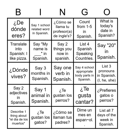 Spanish 1 Bingo Card