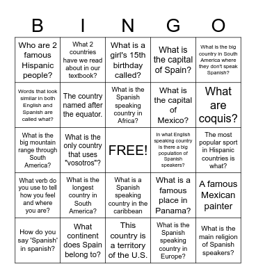 Spanish speaking world - get to know it! - find the answer Bingo Card