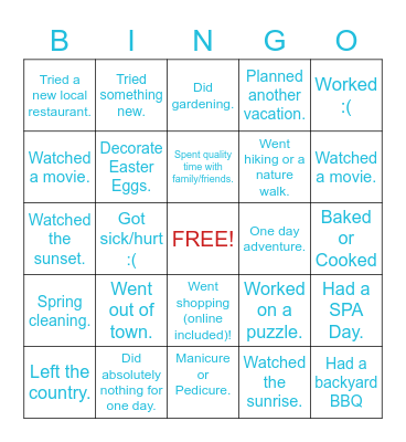 Spring Break 2022 Bingo Card