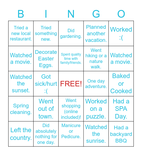 Spring Break 2022 Bingo Card