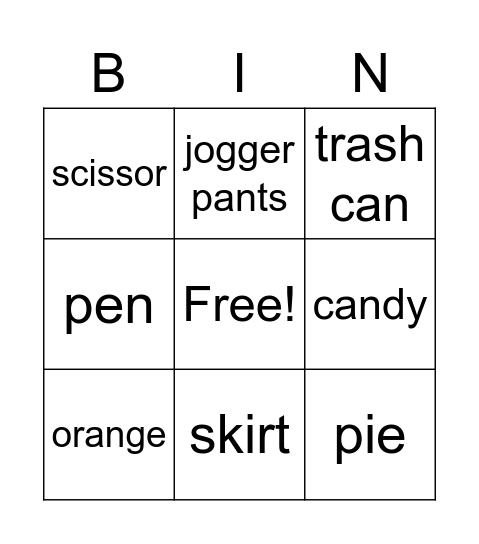Category of Products Bingo Card