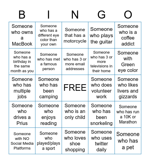 ICEBREAKER BINGO! Bingo Card