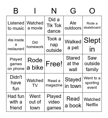 Spring Break BINGO Card