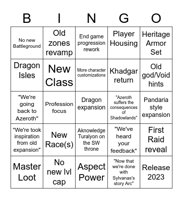 WoW 10.0 Reveal Bingo Card