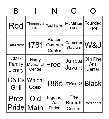 W&J Bingo Card