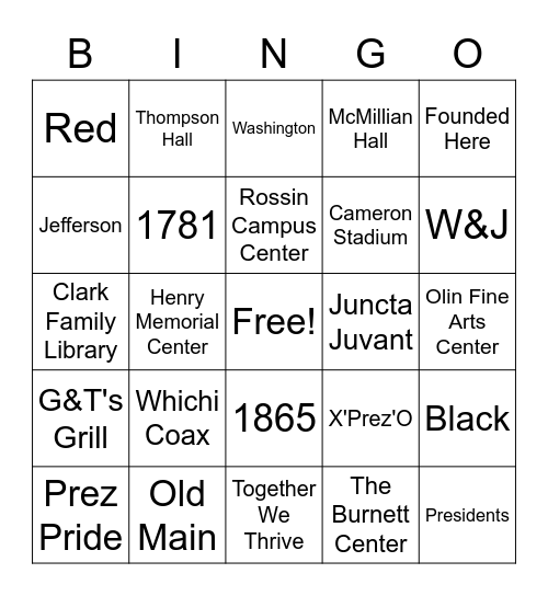 W&J Bingo Card