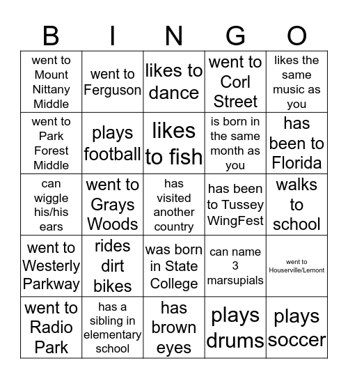 getting to know each other - 2nd period Bingo Card