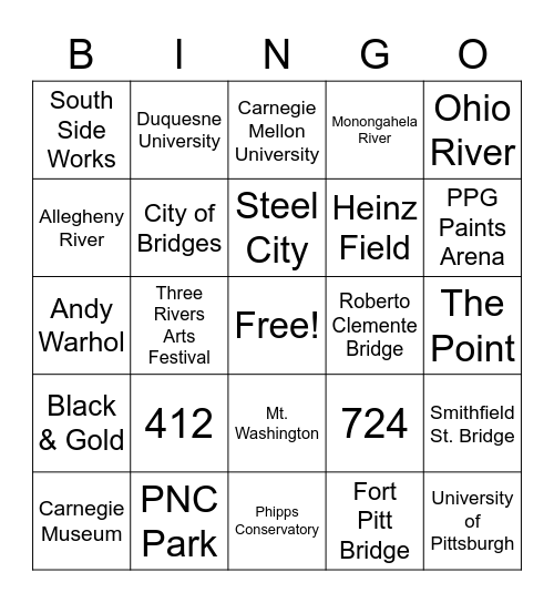 Pittsburgh Bingo Card