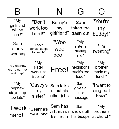 Sam Bingo Card