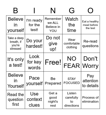 Test-Taking Tips Bingo Card