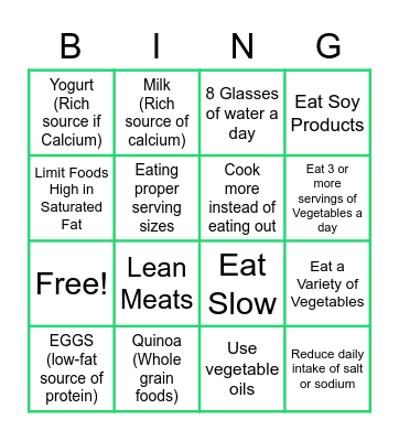 Healthy Eating Habits Bingo Card