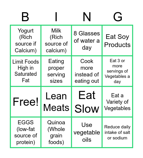 Healthy Eating Habits Bingo Card